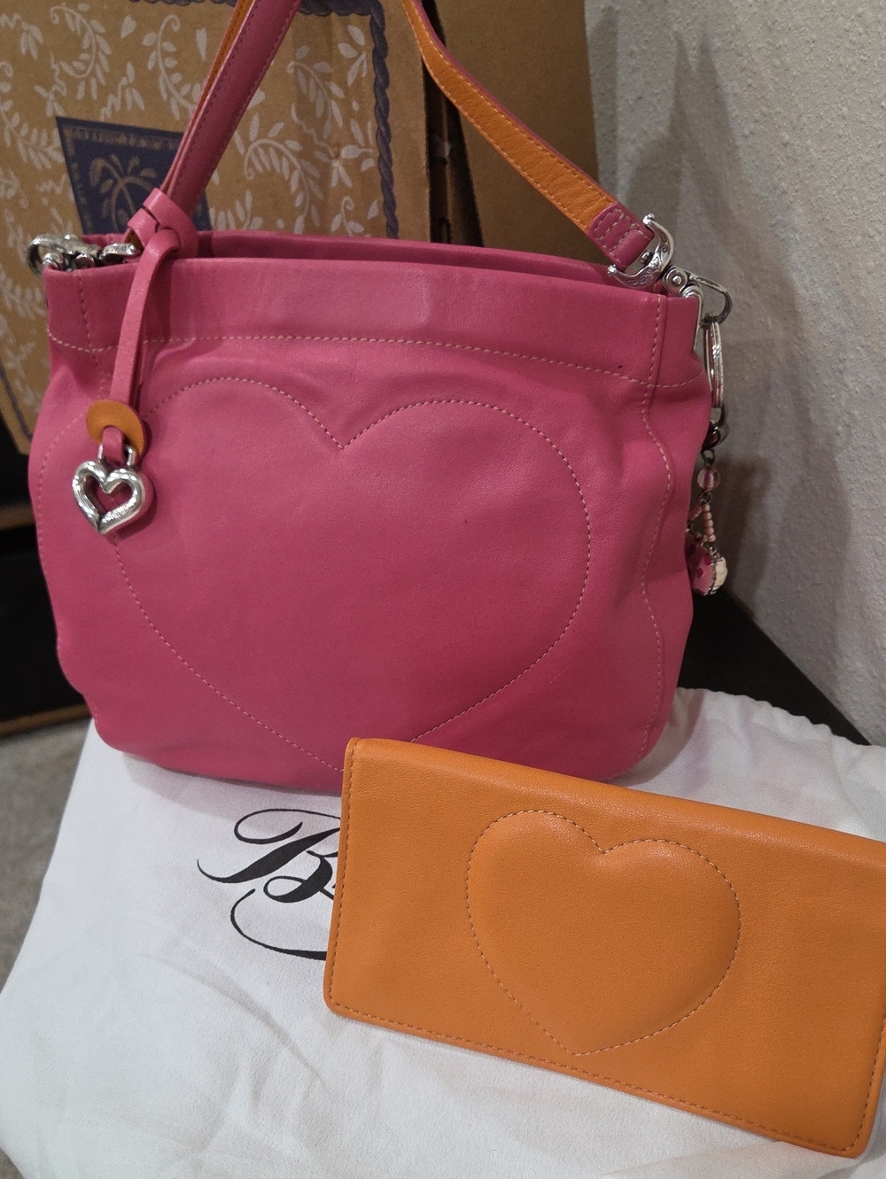 Brighton Reversible Pink and Orange Heart Accent Bag and Wallet Set With Box